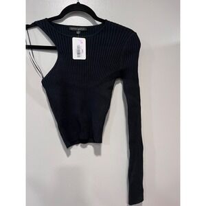 One-Shoulder Womens Black Ribbed Knit Top By Cotton Candy LA M
